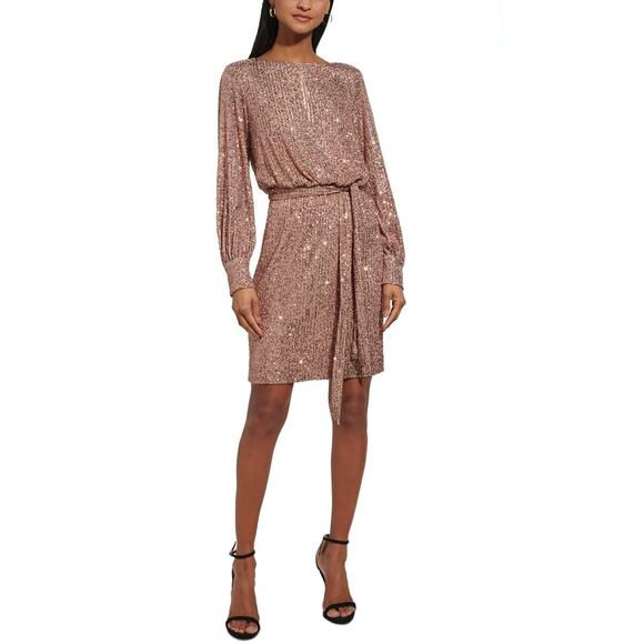 Eliza J Women's Sequined Long Sleeved Mini Sheath Cocktail Dress Gold Size 6 - Picture 12 of 14